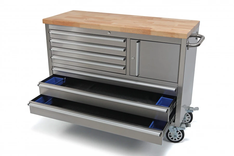 HBM Gereedschapswagen Met Houten Werkblad - 122 Cm - RVS 3 HBM Gereedschapswagen Met Houten Werkblad - 122 Cm - RVS