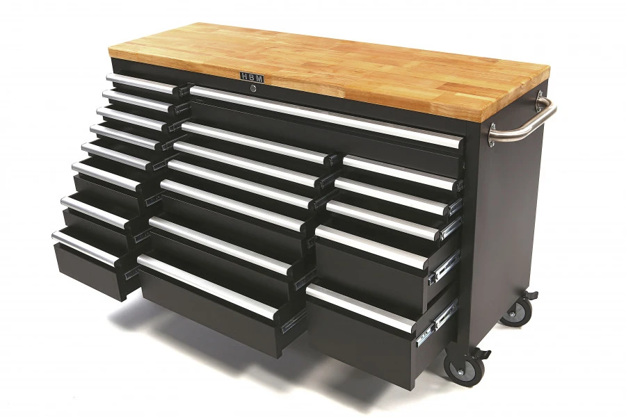 HBM Verrijdbare Gereedschapswagen Met Houten Werkblad - 146 Cm - Zwart 3 HBM Verrijdbare Gereedschapswagen Met Houten Werkblad - 146 Cm - Zwart