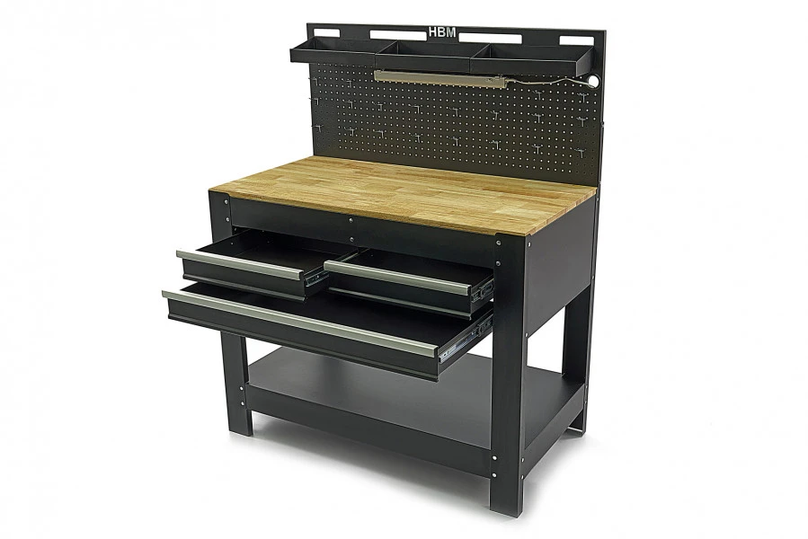 HBM Werkbank Met 3 Laden, Achterwand, LED Verlichting En Stekkerdoos 3 HBM Werkbank Met 3 Laden, Achterwand, LED Verlichting En Stekkerdoos