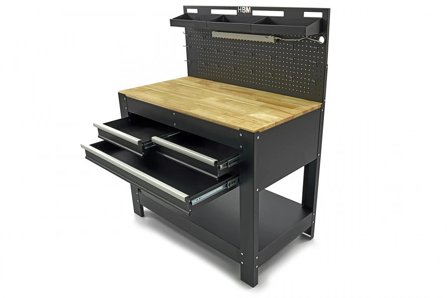 HBM Werkbank Met 3 Laden, Achterwand, LED Verlichting En Stekkerdoos 4 HBM Werkbank Met 3 Laden, Achterwand, LED Verlichting En Stekkerdoos - Afbeelding 2